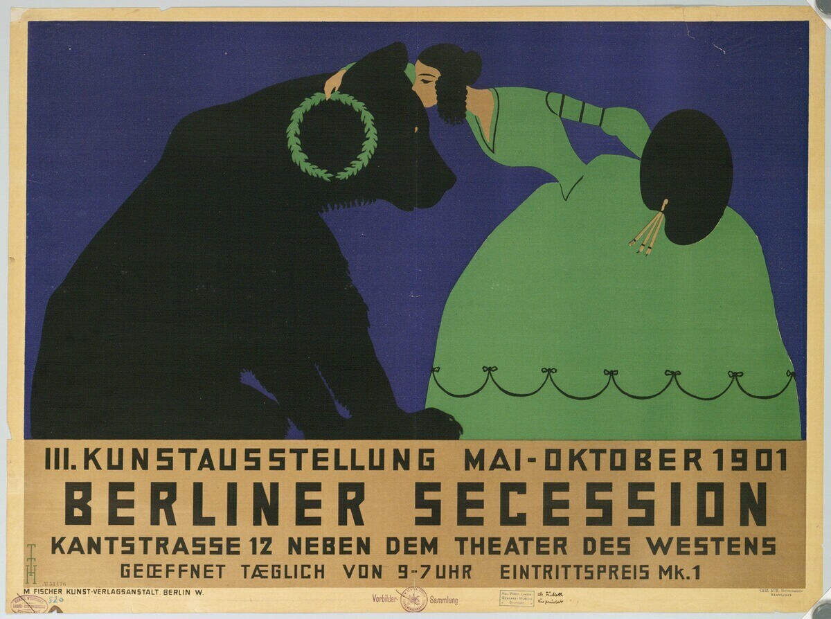 Plakat der Berliner Secession mit einer Frau in grünem Kleid und einem Mann in schwarzem Anzug mit Textbeschreibung.