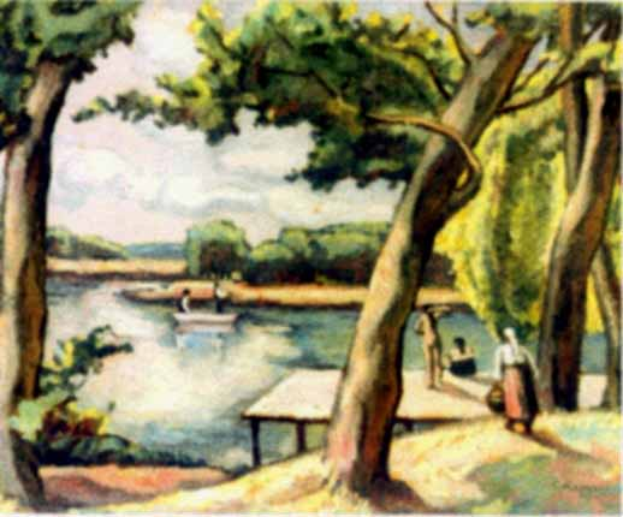 Ein Gemälde, das Menschen auf einem Steg an einem Fluss mit einem Boot, Bäumen und Wolken zeigt, trägt den Titel 'Die Seine bei Argenteuil' des Künstlers.