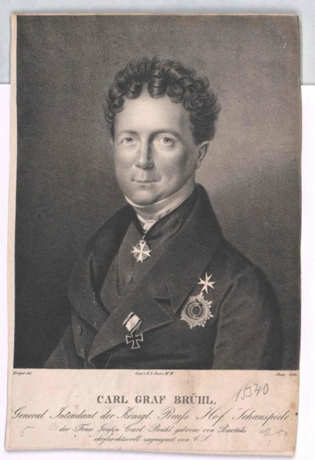 Ein Schwarz-Weiß-Porträt von Carl Graf Bruhl, einem General des Deutschen Reichs, in einem medalienbesetzten Mantel, mit einem Textdokument unten.
