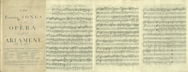 Offenes Buch mit dem Titel "Die Lieblingslieder in der Oper" mit Noten und Text.