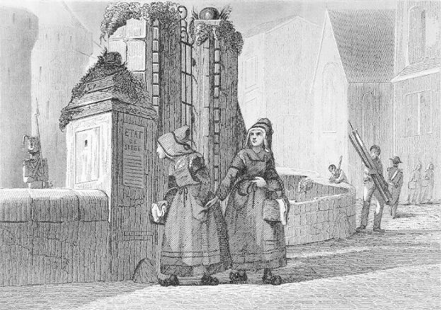 Schwarz-Weiß-Gravur Von Zweien Frauen, Die Vor Einem Gebäude Stehen, Mit Einigen Anderen Leuten Im Hintergrund, Betitelt "Victorianische Frauen In Der Stadt London".