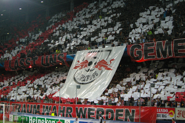 Ein volles Fußballstadion mit sitzenden und stehenden Zuschauern, Banner mit Text und Logos, eine sichtbare Torstange und Überdachungsbeleuchtung.