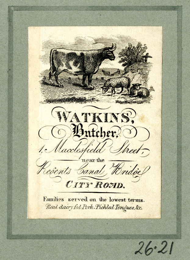Ein altes Buchcover mit einer Kuh, die in einer grünen Wiese mit Bäumen im Hintergrund steht, begleitet von zwei Schafen, die zu der Kuh aufschauen, mit der Aufschrift "Watkins, Metzger, Macclesfield Street".