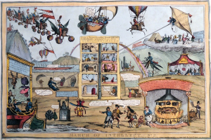 Ein Plakat mit dem Titel "Marsch des Geistes", das eine Zirkusszene mit Heißluftballons, Fallschirmen, Pferden, Zelten und anderen Gegenständen zeigt.