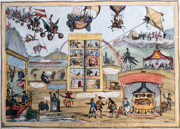 Ein Plakat mit dem Titel "Marsch des Geistes", das eine Zirkusszene mit Heißluftballons, Fallschirmen, Pferden, Zelten und anderen Gegenständen zeigt.