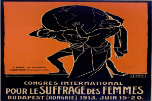 Eine Person, die eine Weltkugel mit der Aufschrift "Congres International pour le Suffrage des Femmes" darüber auf einem Plakat für die Internationale Frauenwahlrechtsbewegung in Budapest, Ungarn, hält.