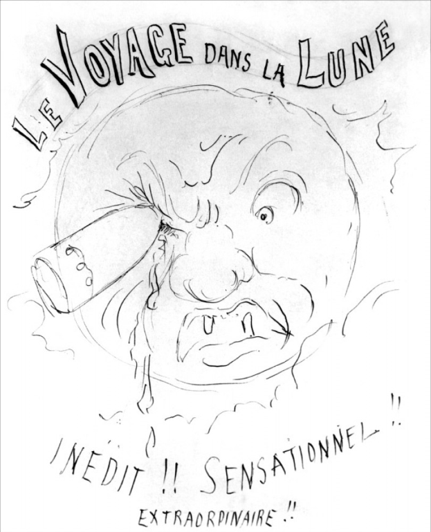 Ein Plakat mit einer Skizze eines nachdenklichen Gesichtsausdrucks, kurzen dunklen Haaren und einem weißen Hemd, mit der Aufschrift "Le Voyage dans la Lune" und einem hellblauen Hintergrund.