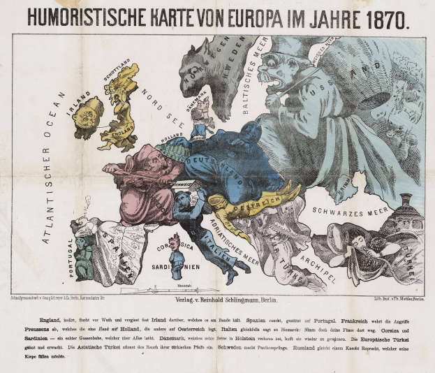 Ein Plakat mit einer Europa-Karte von 1870, umgeben von Cartoons und dem Text "Humoristische Karte von Europa im Jahre 1870".