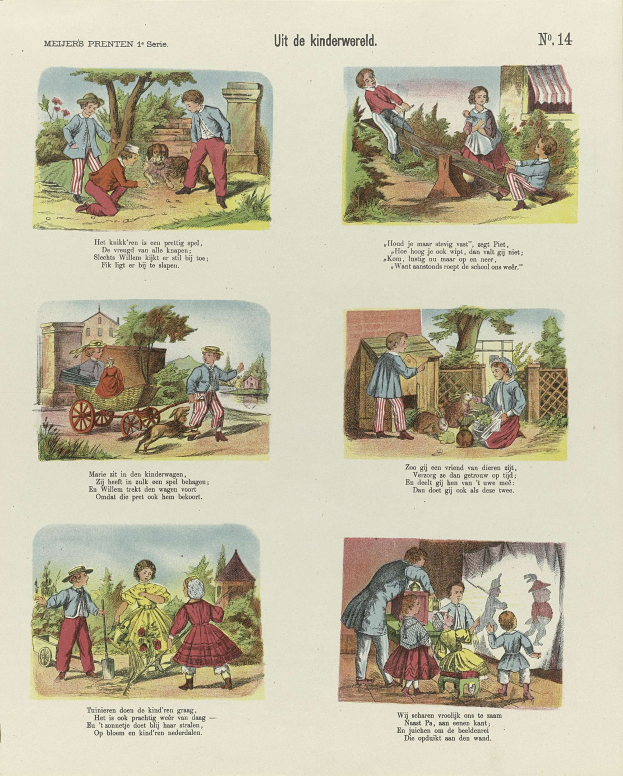 Ein aufgeschlagenes Buch mit Illustrationen von spielenden Kindern im Park, umgeben von Bäumen, Gebäuden und einem Wagen, mit begleitendem Text.