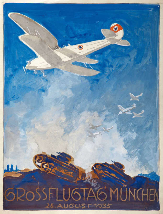 Plakat zur Ankündigung einer Luftschau in München am 25. August 1935, das Flugzeuge am Himmel zeigt.