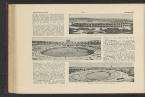 Offenes Buch mit Stadionfoto und Text- und Bildinformationen ber die Veranstaltungsort.