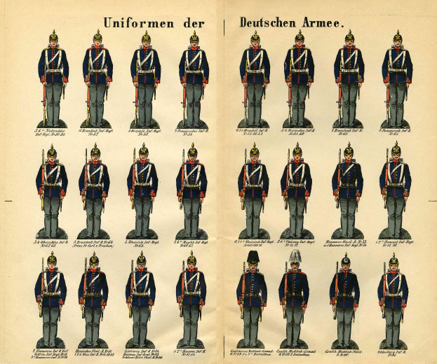 Ein Buch mit einem Raster von verschiedenen Uniformen der deutschen Armee, jede mit einzigartigen Designs, Farben und Mustern, begleitet von beschreibendem Text.