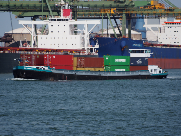 Ein riesiger Containerfrachter voller Container liegt nahe einem Hafen mit einer Brücke im Hintergrund bei klarem Himmel, mit Text unten im Bild.