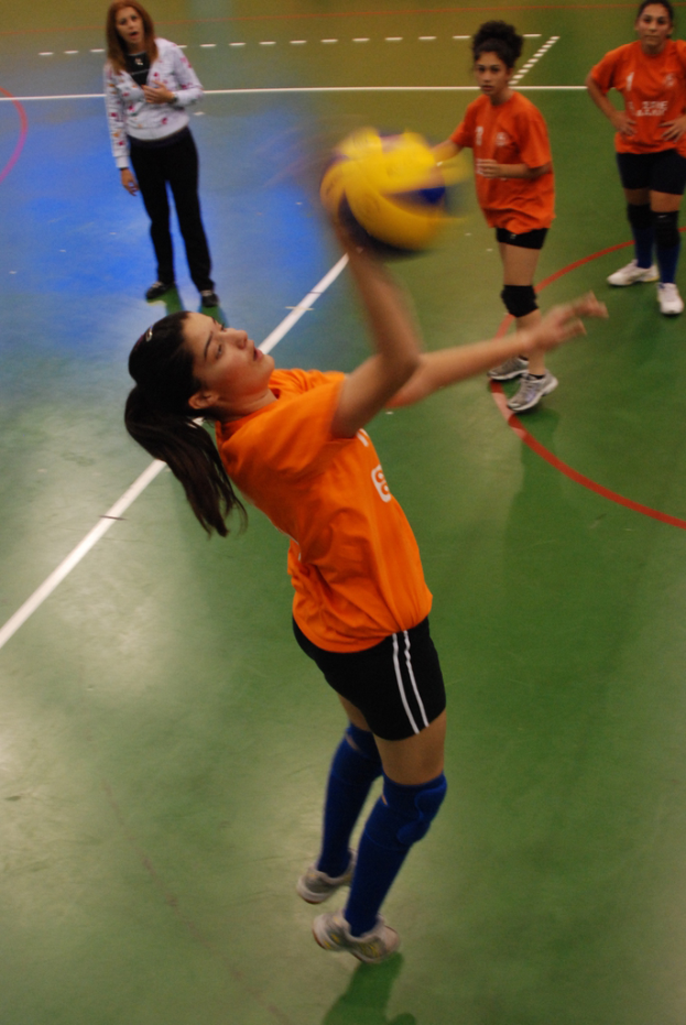 Eine Volleyballerin schlägt den Ball, während zwei andere Spieler und eine weitere Frau zusehen.