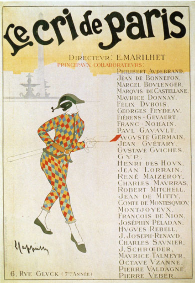 Ein Plakat, das ein Karnevalsfest in Paris, Frankreich, ankündigt und eine Person in einem bunten Kostüm mit der Aufschrift 'Le Cride de Paris' zeigt.