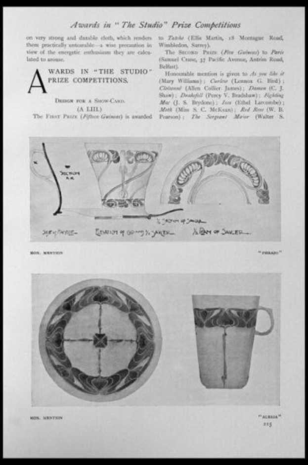 Schwarze und weiße Zeichnung einer Tasse und eines Untersetzers mit einem Design, eingerahmt von einem schwarzen Rand, und Text, der "Preise im Studio-Wettbewerb" liest.