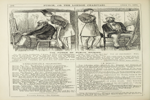 Altes Buchcover mit einem Mann in einem Anzug sitzend in einem Stuhl und einer Frau danebenstehend, beide mit ernsten Gesichtern, und der Titel "Die Macht der öffentlichen Meinung" sichtbar.