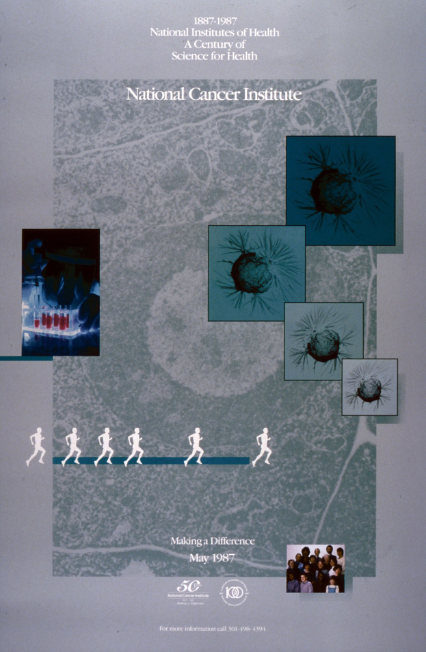 Buntes Plakat für das National Cancer Institute mit blauem Hintergrund und weißer Schrift, das einen Kreis aus überlappenden Bildern von verschiedenen, strahlenden Menschen um die fettgedruckte, großgeschriebene Überschrift zeigt.