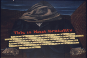 Ein Plakat an einer Wand mit einer Person in einer schwarzen Kapuzenjacke und einer Maske mit einem strengen Gesichtsausdruck, darunter der weiße, fette Text "Das ist Nazi-Gewalt".