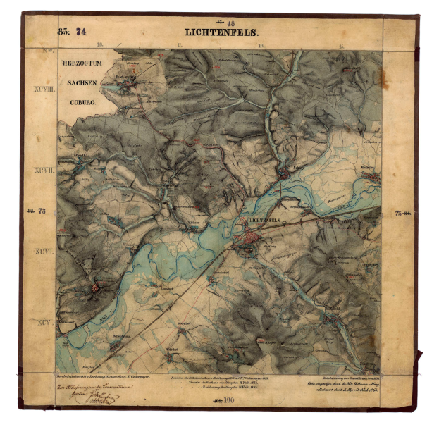 Eine alte topografische Karte von Lichtenfels, Deutschland, die geographische Merkmale und beschriftete Texte zeigt.