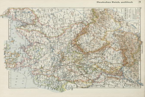 Eine Karte von Deutschland aus dem 19. Jahrhundert, die die politischen Grenzen des Landes zeigt, auf altem Papier mit Text oben und unten gedruckt.