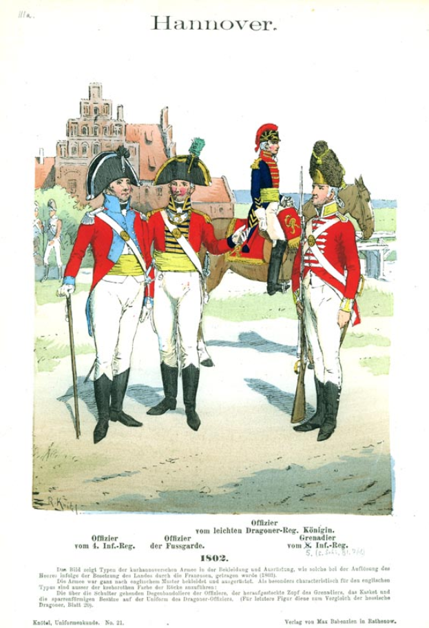 Eine Gruppe uniformierter Männer, die zusammenstehen, einer sitzt auf einem Pferd, mit einem Gebäude im Hintergrund und dem Text "Hannover" unten.
