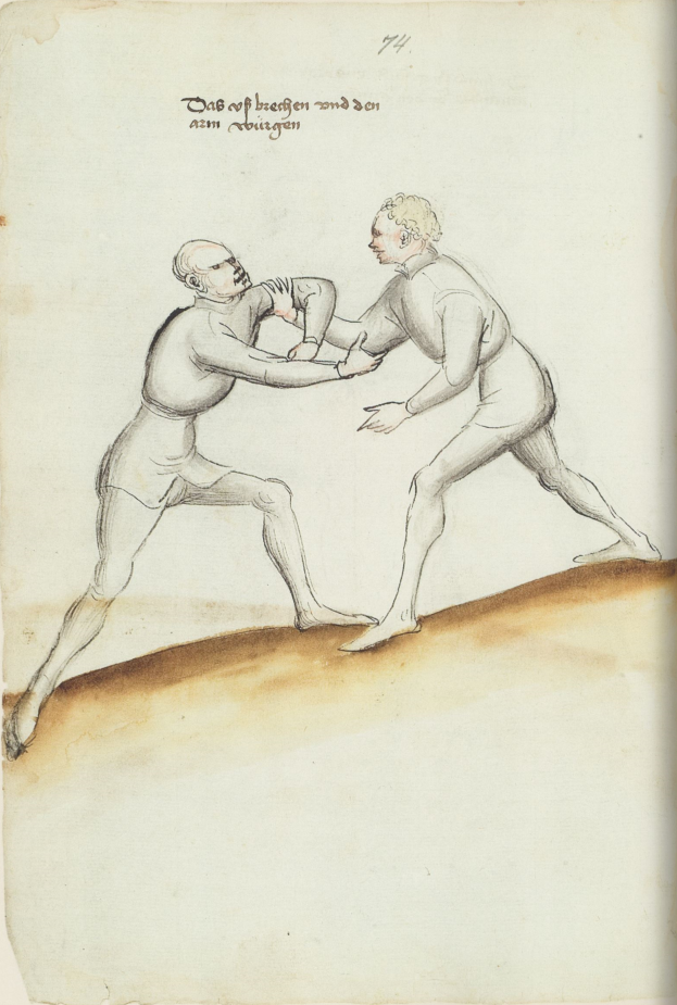 Zwei Männer kämpfen, einer wirft einen Schlag, steht auf einem Blatt Papier mit Text, der die Szene beschreibt.