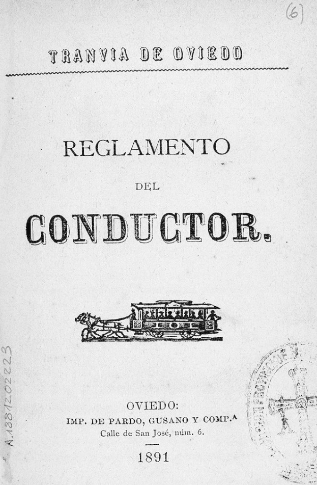 Titelblatt eines alten Buches mit dem Titel "Reglamento de Conductor", das eine Zugillustration enthält, mit einem Stempel auf der rechten Seite.
