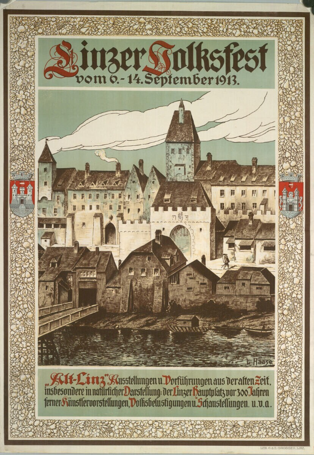 Ein altes Plakat, das ein Festival in Deutschland ankündigt und ein Schloss zeigt, das von Häusern umgeben ist, mit Texten, die Informationen zum Festival liefern.