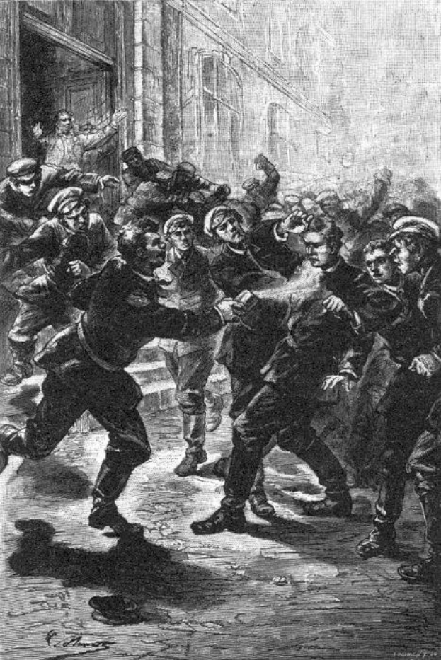 Schwarz-weisse Illustration über einen gewalttätigen Straßenaufruhr unter einer Gruppe von Männern, mit einem Gebäude im Hintergrund und der Unterschrift "Victorian riots in London, England" unten.