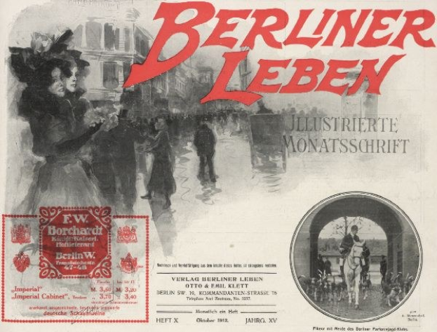 Ein nostalgisches deutsches Zeitungsinserat f├╝r "Berliner Leben" mit einer Gruppe von Menschen, hohen Geb├Ąuden und einer Br├╝cke im Hintergrund, mit der Schrift "Berliner Leben" in fetter, schwarzer Schrift.