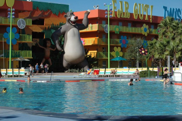 Ein Schwimmbad mit blauem Wasser und Menschen, die darin schwimmen, mit Cartoon-Bildern und Polen im Hintergrund.