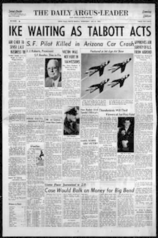 Die Titelseite der Daily Argus-Leader-Zeitung aus Arizona mit schwarzem Hintergrund, der Überschrift 'Ike Waiting as Talbott Acts' und mehreren Bildern von Menschen und Flugzeugen.