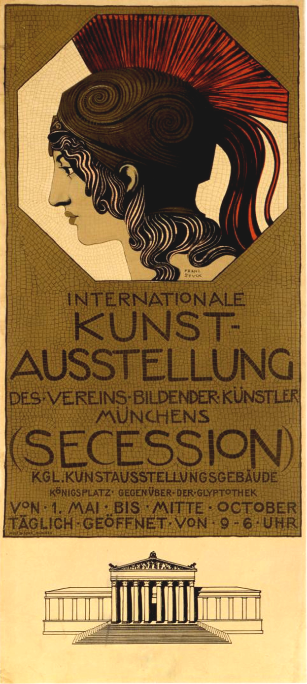 Ein Plakat für die Internationale Kunstausstellung in München, Deutschland, das eine Frau mit einem menschlichen Gesicht in der Mitte und Text über das Ereignis zeigt.