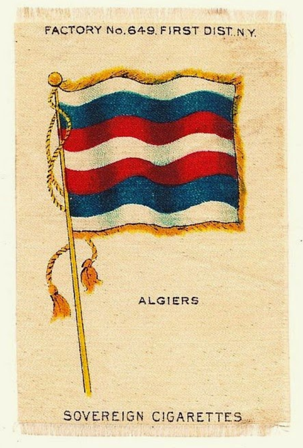 Eine alte Zigarettenkarte mit einem Flaggenaufdruck in Rot, Weiß und Blau, beschriftet mit 'Algier'.