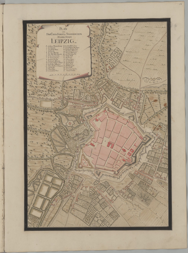 Ein altes Buch mit einer detaillierten Karte von Leipzig, Deutschland, mit Straßen, Gebäuden und Sehenswürdigkeiten beschriftet.