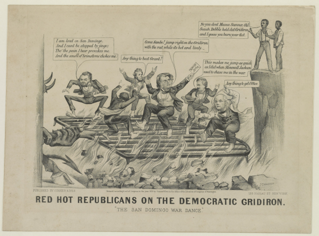 Eine Zeitung mit einer Karikatur, die rote Figuren zeigt, die als 'Republikaner' auf einem blauen Gridiron mit der Bezeichnung 'demokratisch' dargestellt sind, mit besorgten Figuren mit verzerrten Gesichtern und erhobenen Armen, begleitet von fettem schwarzem Text.