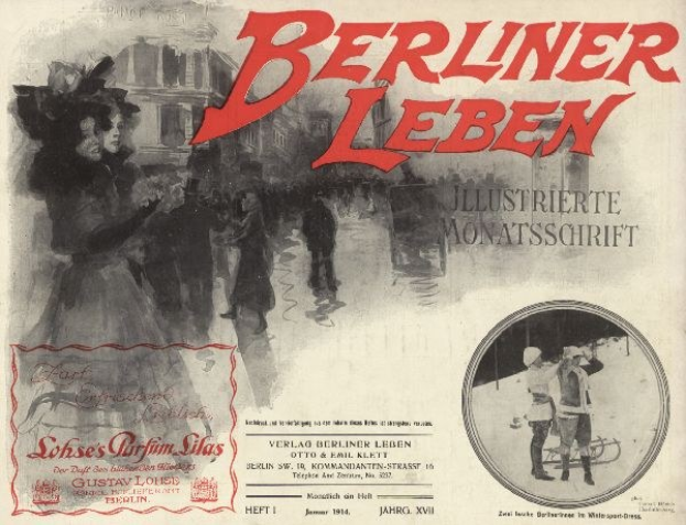 Altes Buch mit dem Titel 'Berliner Leben' mit einem Foto von Menschen in traditioneller deutscher Kleidung auf dem Cover, wahrscheinlich zeigt es das Leben in Berlin.