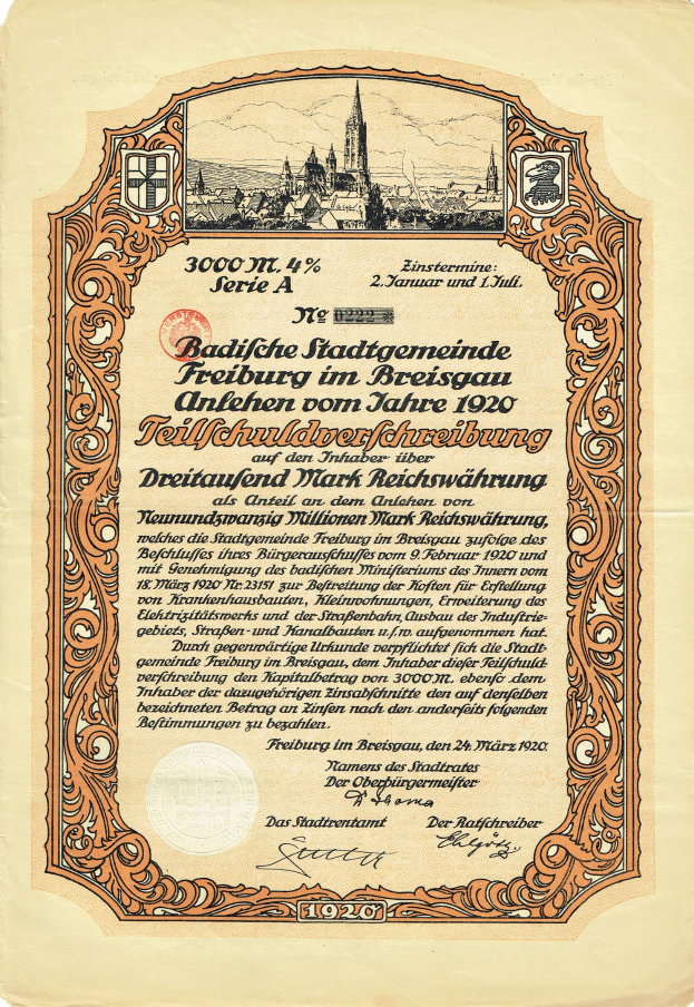 Altes deutsches Aktienzertifikat mit einer Stadtansicht und gedrucktem Text, der wahrscheinlich den Ursprung der Aktie angibt.