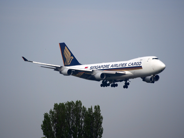 Ein Singapur Airlines Cargo Boeing 747-400-Flugzeug im Flug, mit einem Baum unten und einem Wasserzeichen unten rechts.