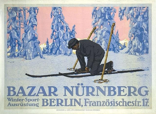 Plakat für den Bazar Nürnberg Winter Sport in Berlin, Deutschland, mit einer Person auf Skiern mit Skistöcken und Bäumen im Hintergrund.