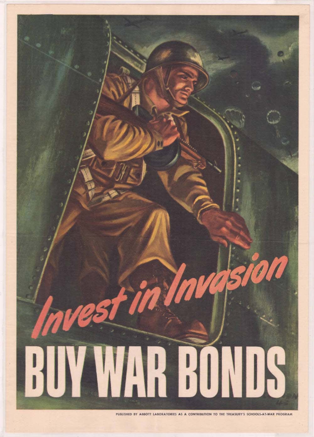 Plakat mit einem Soldaten in Helm und militärischer Uniform, der eine Waffe hält, und dem Text "Investiere in die Invasion, kaufe Kriegsanleihen" darüber, der Entschlossenheit vermittelt.