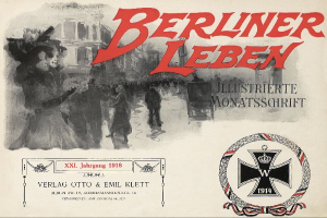 Ein altes Buchcover mit einer Gruppe von Menschen in festlicher Stimmung, dem Text "Berliner Leben" und einem Logo, das mit der deutschen Militär in Verbindung steht.