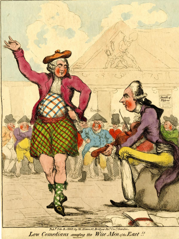 Karikatur eines Mannes in einem Kilt und einer Frau in einem Kleid, die vor einer Menge stehen, mit einem Gebäude und Wolken im Hintergrund und dem Text 'Niedrige Komiker amüsieren die weisen Männer des Ostens' unten.