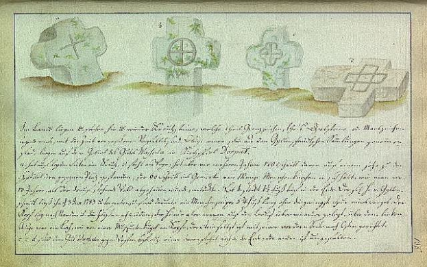 Alter Brief einer deutschen Familie an ihre Eltern aus dem Jahr 1823 mit einer vergilbten Seite und drei sorgfältig gezeichneten keltischen Kreuzen.