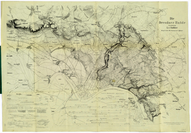 Ein detailliertes altes Stadtplan von Dresden, Deutschland, das Stra√en, Geb√§ude, Landmarken und Text mit Informationen √ľber die Bev√∂lkerung, Stra√en und Landmarken zeigt.
