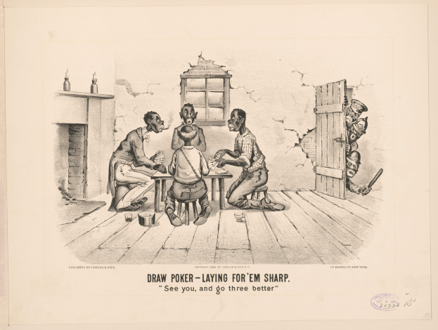 Gruppe von Menschen, die um einen Pokertisch sitzen, mit einer Wand, einem Fenster, einer Tür und diversen Gegenständen im Hintergrund, und Text, der unten lautet: "Draw Poker - Laying for 'em Sharp".