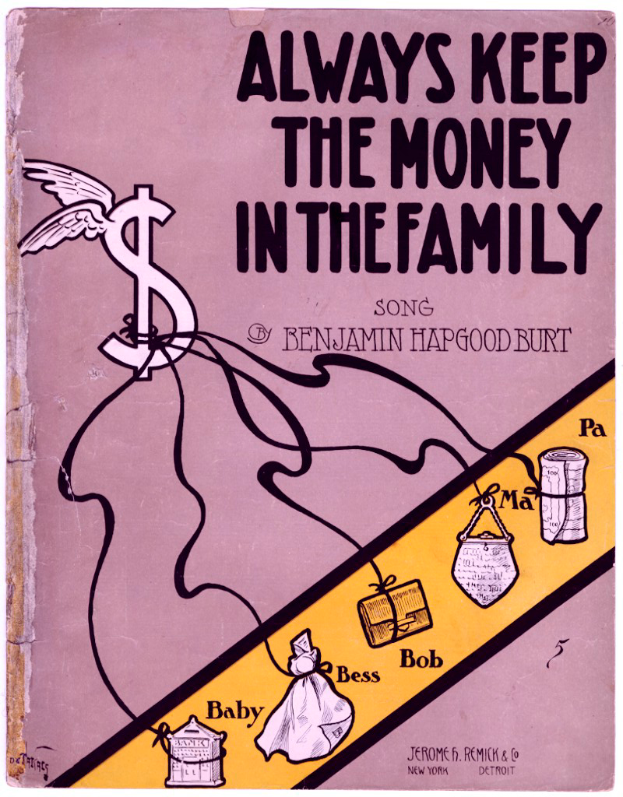 Ein Plakat mit der Aufschrift 'Immer das Geld in der Familie lassen' in fetter schwarzer Schrift auf einem weißen Hintergrund, mit einer bunten Illustration einer strahlenden Familie aus vier Personen, die in einem Kreis unter einem hellblauen Himmel mit weißen Wolken stehen.