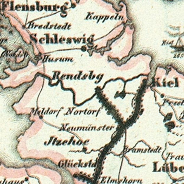Alte detaillierte Karte von Schleswig-Holstein mit Straßen, Gebäuden, Sehenswürdigkeiten und textuellen Informationen zur Stadt.
