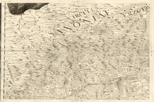 Ein detailliertes altes Kartenbild von Sachsen, Deutschland, das geographische Merkmale wie Flüsse, Berge und Städte zeigt, mit begleitendem Text, der regionale Informationen liefert.